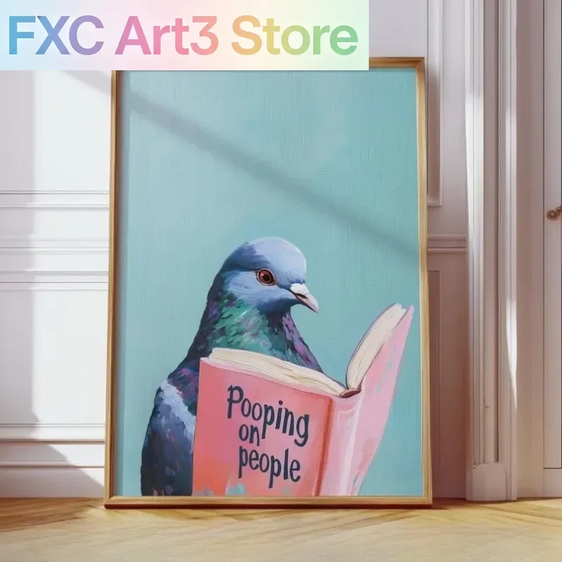 1pc frameless Pigeon Reading "Pooping on People" Book Art Poster, Funny Pigeon Print, Bird Reading Funny Book Art, Humorous Anim