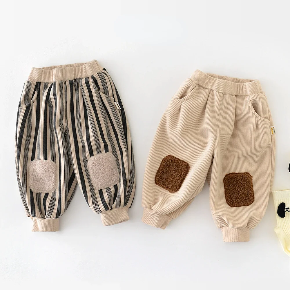 

4653 Buy 2pcs Wholesale Baby Pants 2024 Winter Korean Stripes Baby Boy's Pants Casual Pp Pants Plus Velvet Trousers