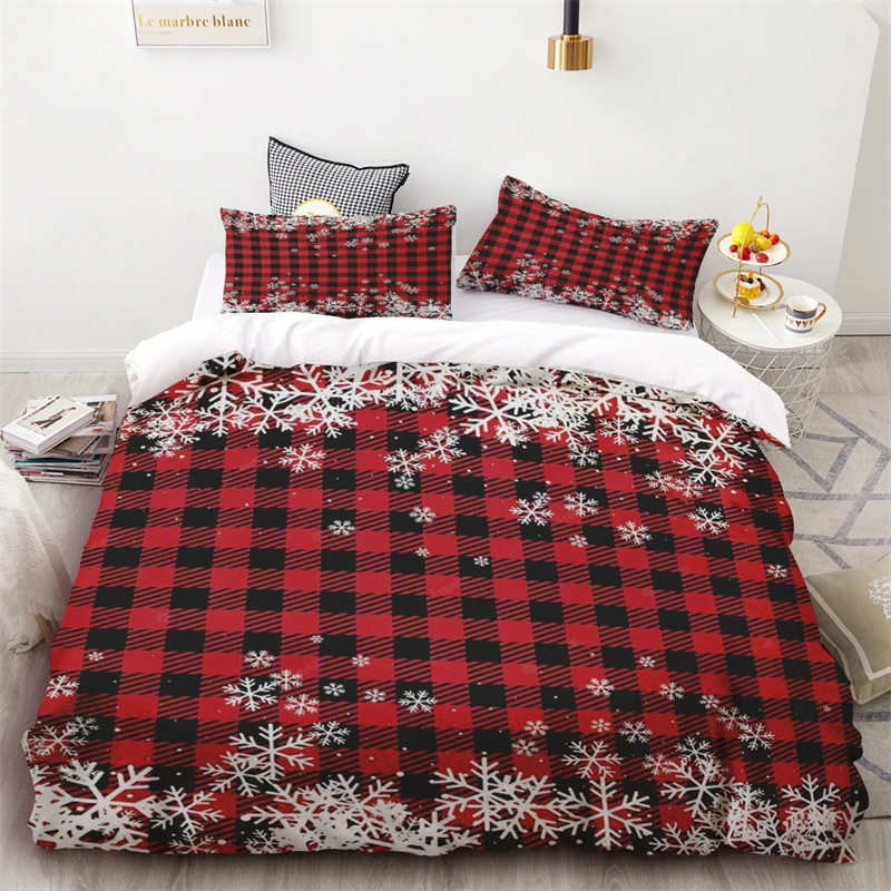 Duvet Cover Christmas Snowflake Red and Black Plaid Three-piece Set One Quilt Cover Two Pillowcases Single Double Bed Queen Size