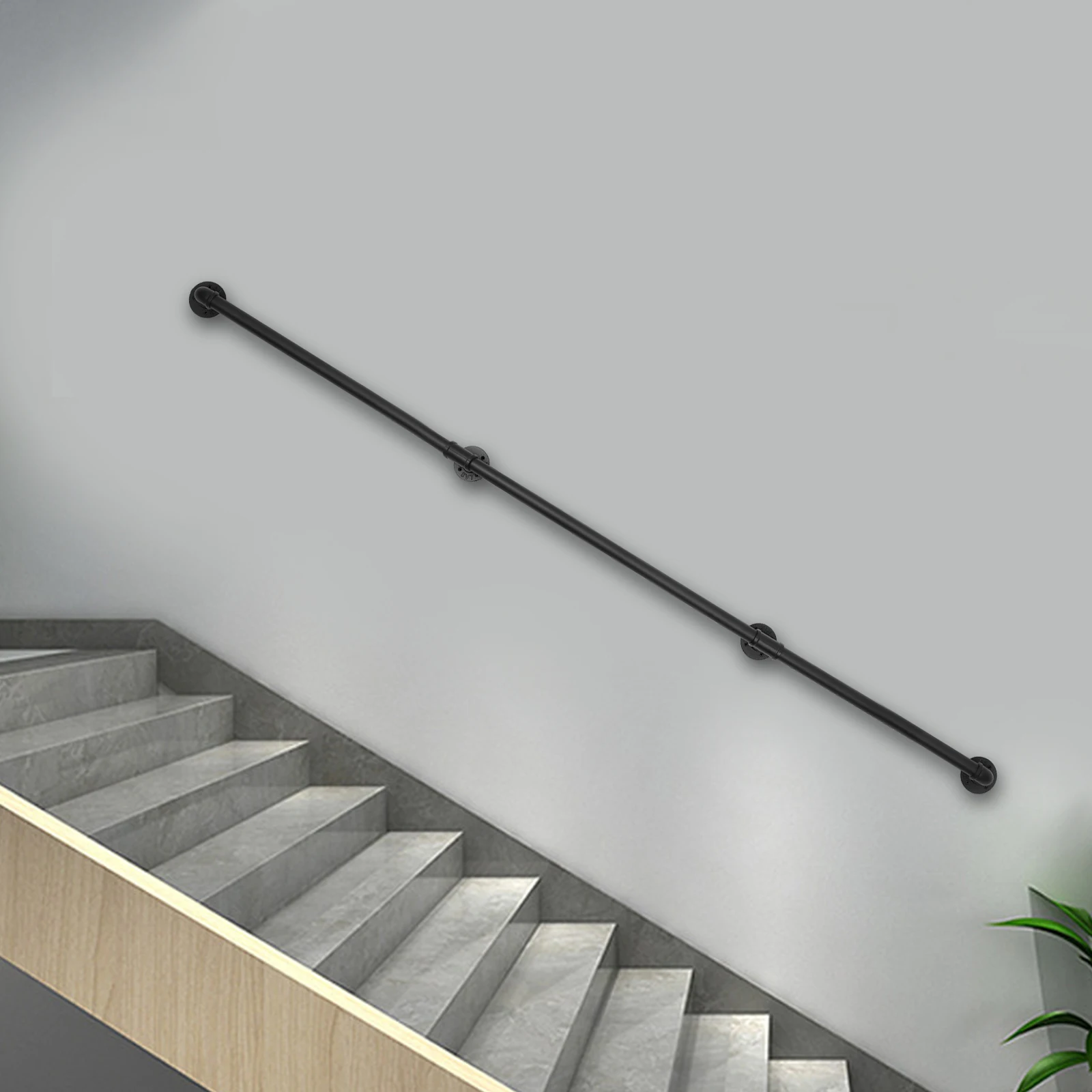 Metal Stair Handrail, Round Corner, 8 Feet 3 Section Galvanized Iron Handrails with Wall-Mount Support