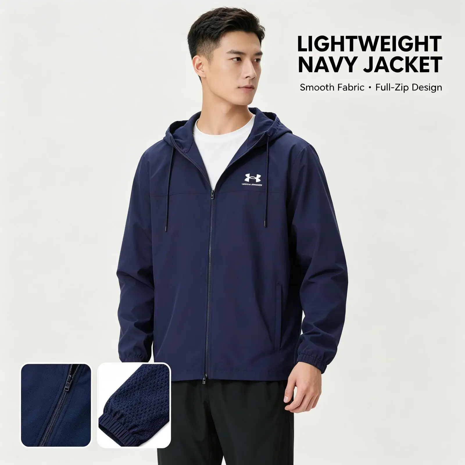 Under Armour Navy Lightweight Zip-Up Jacket for Women Men Smooth Fabric Casual Outerwear Smart Casual Daily Outdoor Streetwear