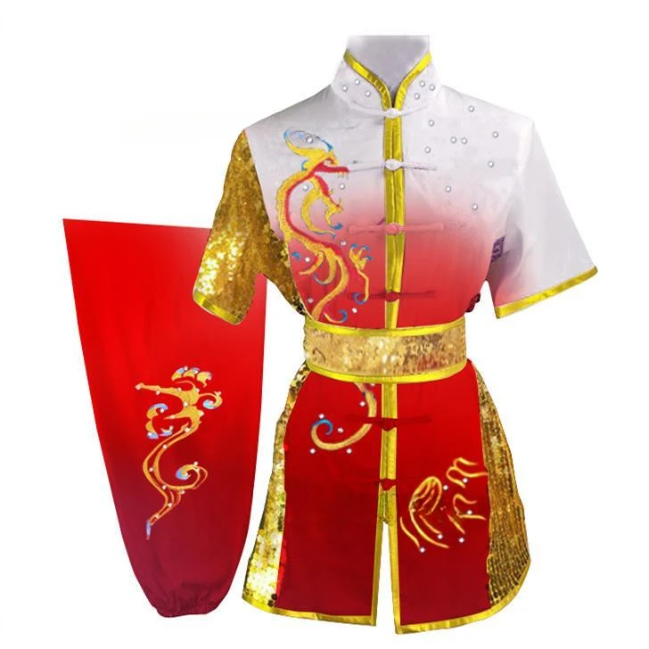 2024 traditionelle chinesische Wushu Pailletten Kleidung Tai Chi Uniform Kinder Kung Fu Outfits Bühnen performance Hanfu Tops Hose Gürtel Set