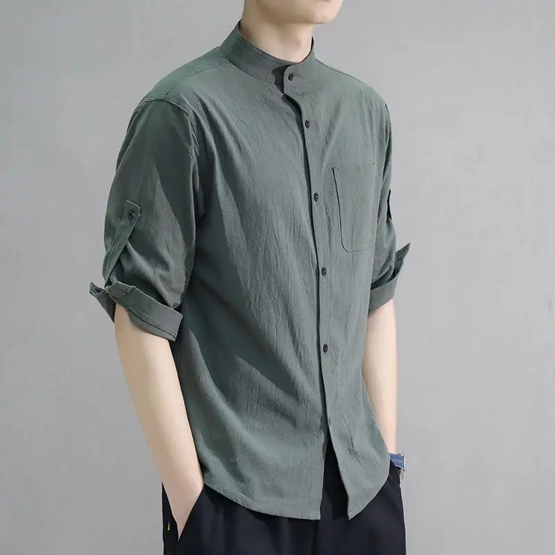 Camisa retrô masculina com botão de linho de algodão, blusa casual simples de meia manga, tops preto e branco, verão solto