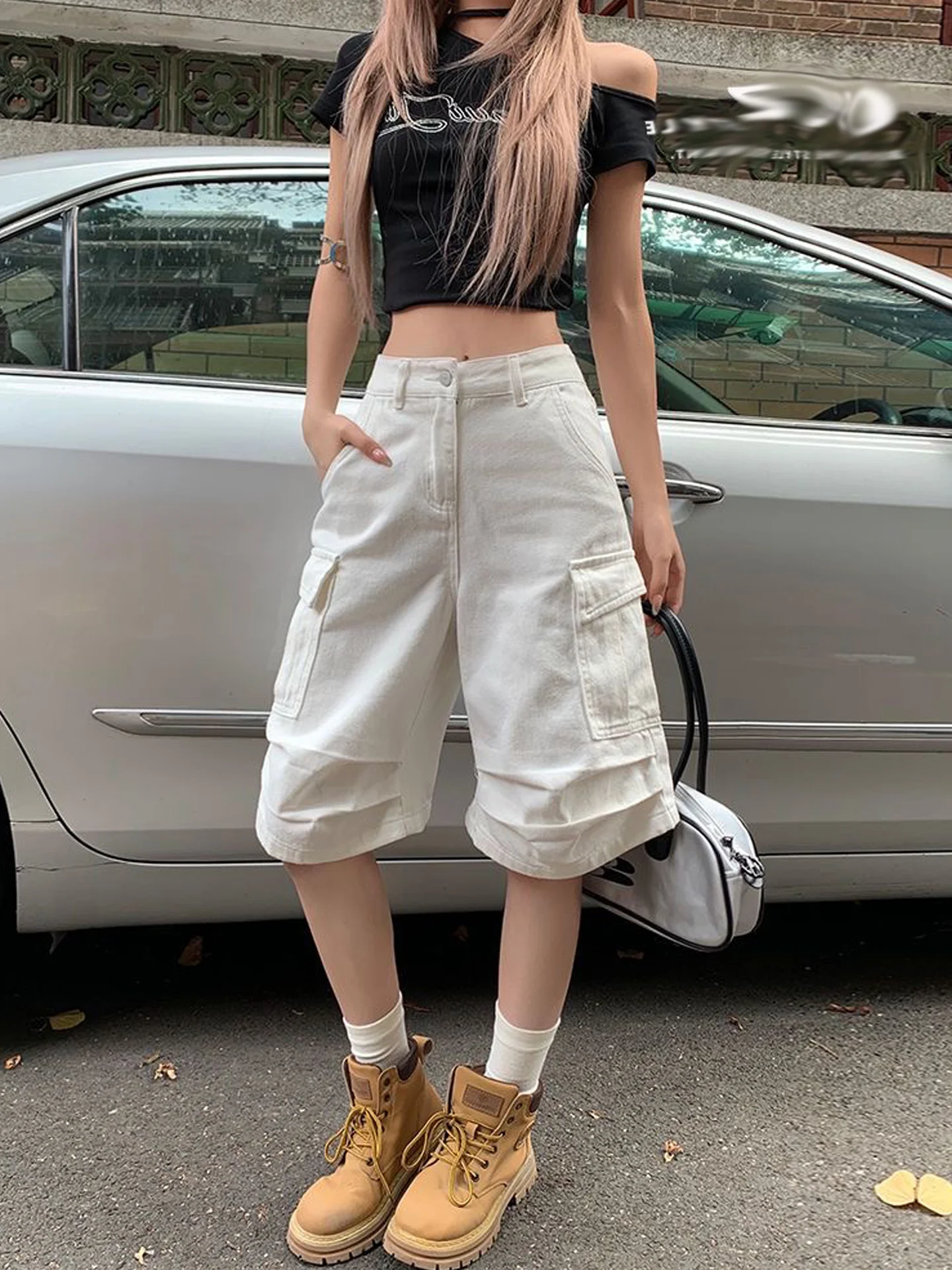 American Style Five-Point Wide Leg Denim Shorts Women's Casual Folded Multi-Pocket Small Size Straight Casual Workwear Mid-Pants