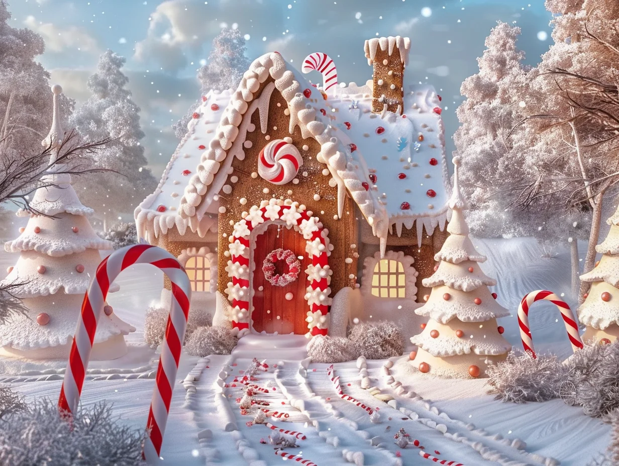 Mocsicka fotografia sfondo festa di natale Candy House Snow Background Kid Happy Birthday Cake Smash Photo Banner Studio Prop