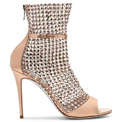 Shining Rhinestone Mesh Ankle Boots Peep Toe Sexy Woman Bling Crystal Fishnet Sandals Boots Thin High Heels Roman Summer Boots