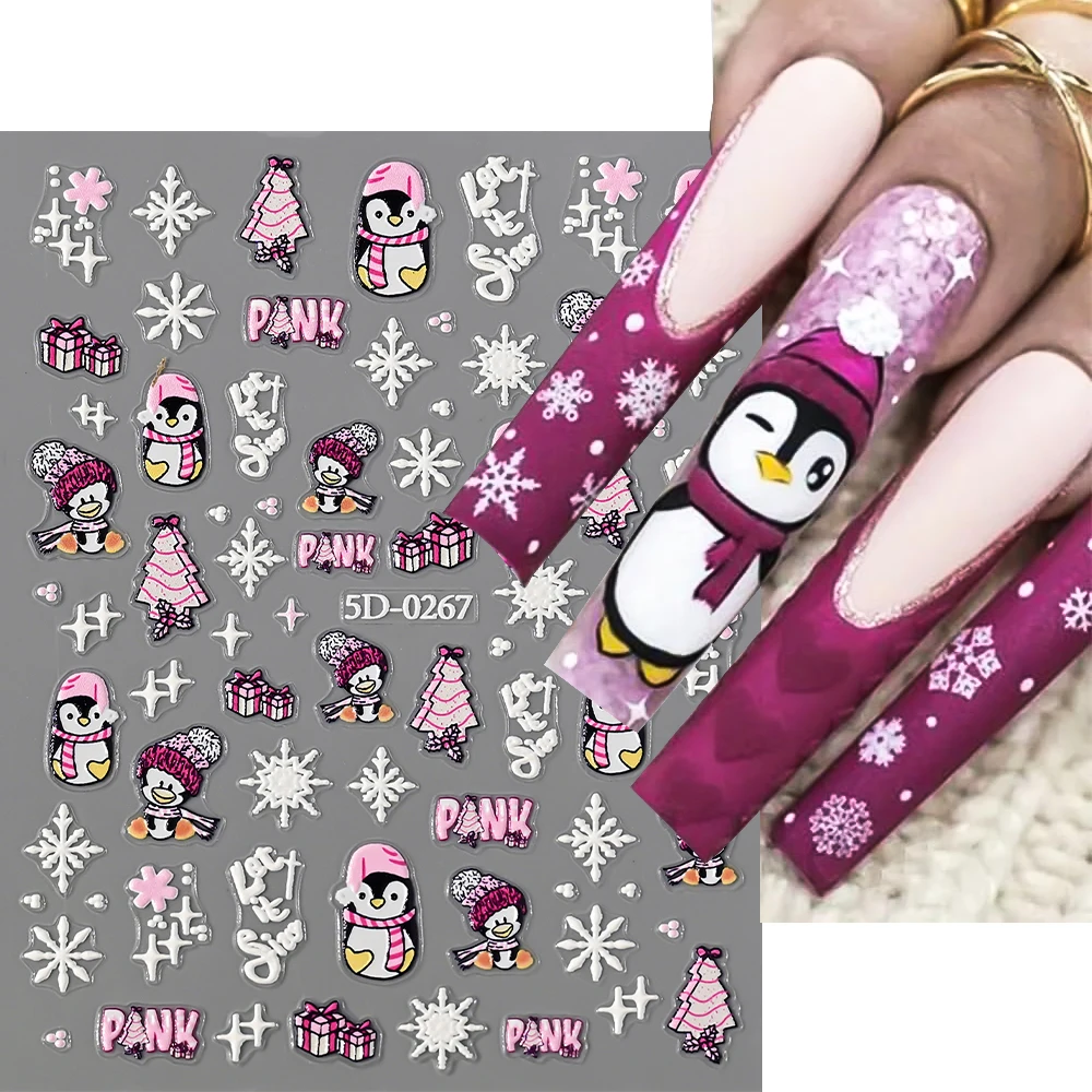 

1PCS Christmas Sticker Nail Decal Winter Snowflake Penguin 5D Embossed Nail Stickers Kawaii Cartoon Santa Claus Manicure Slider