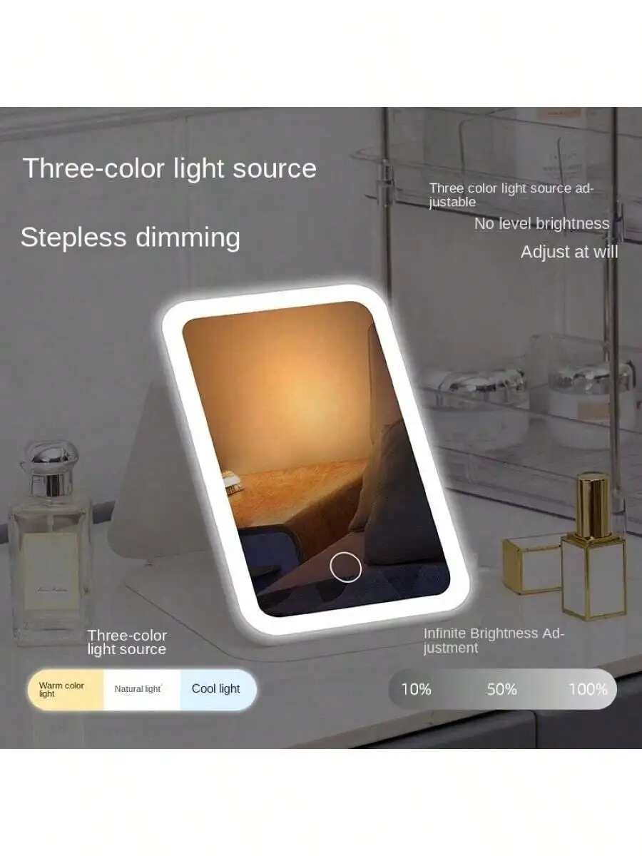 ポータブルLEDライト付き化粧鏡,タッチスクリーンバニティミラー,調光可能な照明,充電式,3色,旅行用,1個