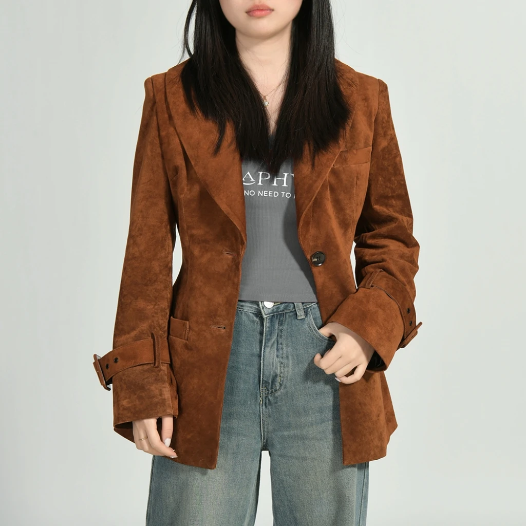 Jxwatcher Damen-Jacke aus echtem Wildleder, modisch, eng anliegend, echte Lederjacken, 2025, Herbst-Winter-Ledermantel, neue Oberbekleidung