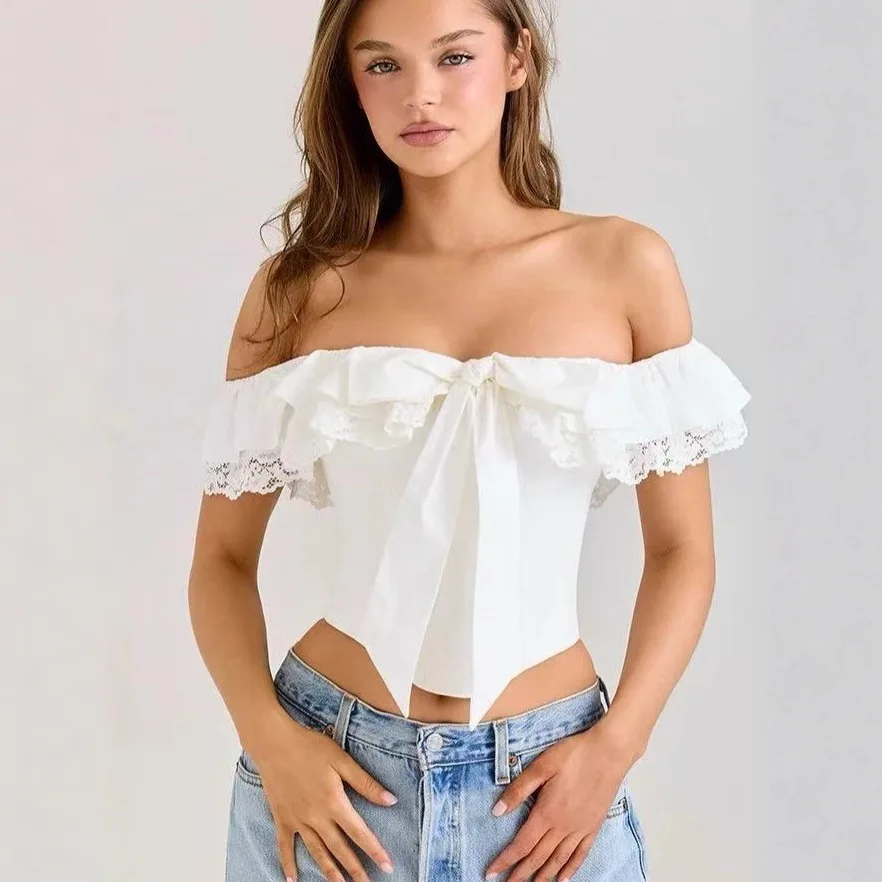 

Женская модная одежда для взрослых по индивидуальному заказу, воротник с рюшами на талии, облегающий романтический топ с розовым кружевом и открытыми плечами