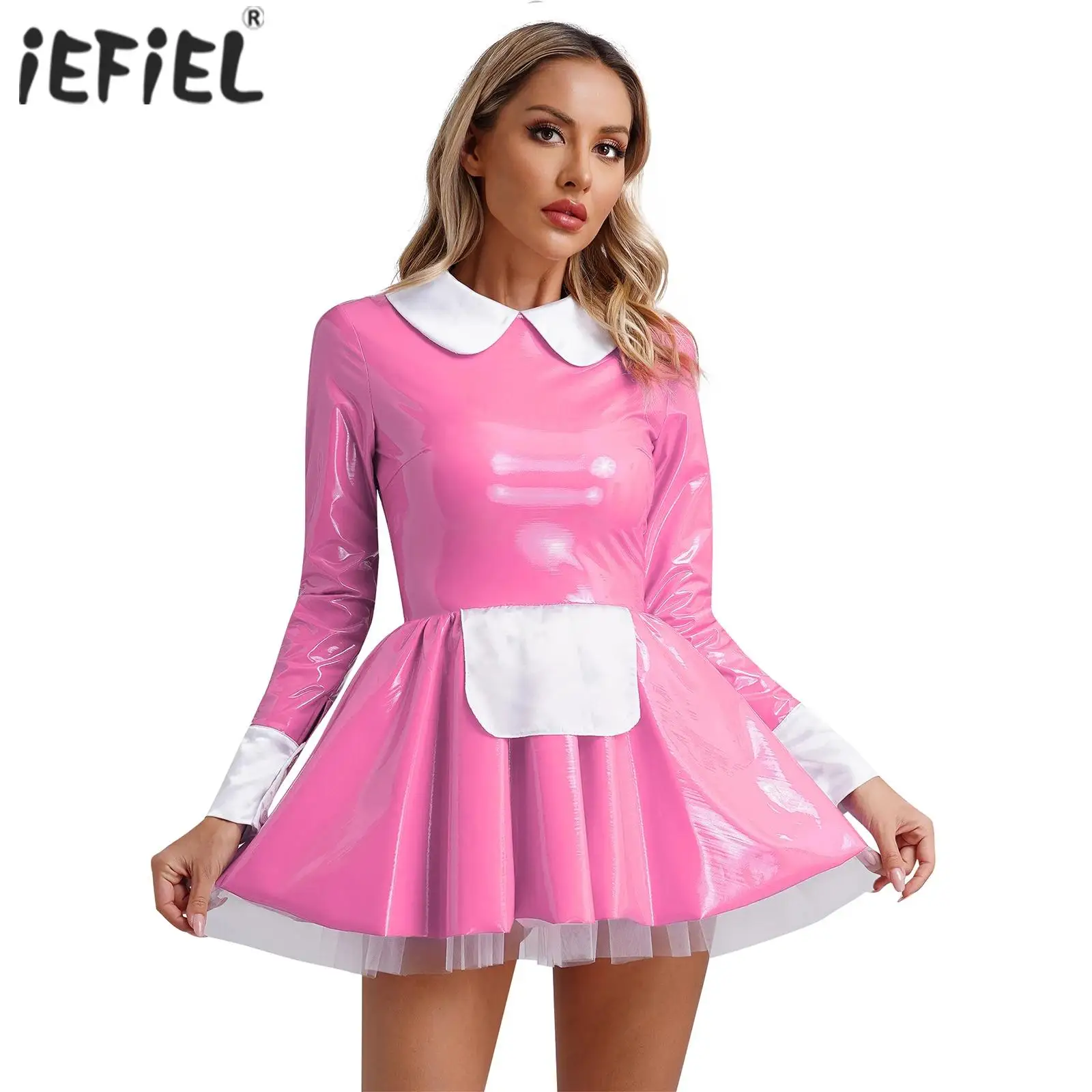 Womens Sweet Lolita Maid Cosplay Patent Leather Dress Long Sleeve Satin Apron Tulle Underskirt A-Line Dress Halloween Clubwear