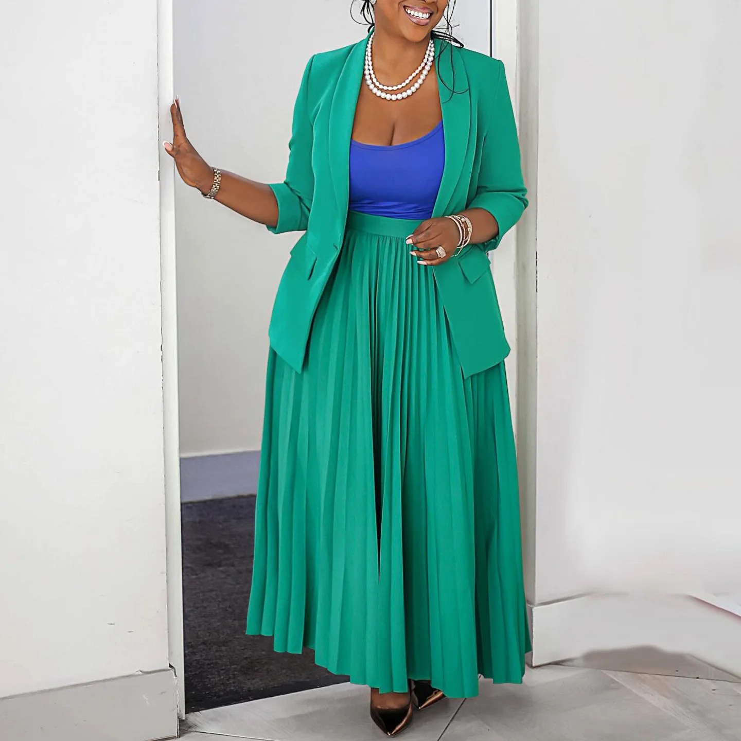 Women's Multi-Color Blazer & Pleated Maxi Skirt 2 Piece Set Elegant Office Party Outfits