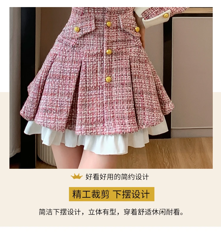 High Quality French Autumn Winter Women\'s Luxury Runway Celebrity Single Breasted Patchwork Tweed Woolen Office Fashion Dresses