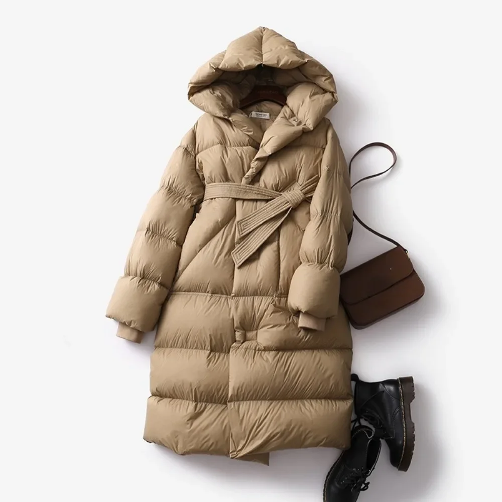 New Puffer Jacket Solid Thick Warm Female Sashes Tie Up Over Women The Knee Coat Fashion Oversize Hooded White Duck Down Winter