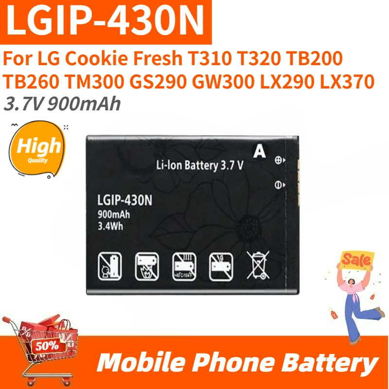 

Аккумулятор 3,7 В 900 мАч LGIP-430N для мобильного телефона LG Cookie Fresh T310 T320 TB200 TB260 TM300 GS290 GW300 Совершенно новый, высокое качество