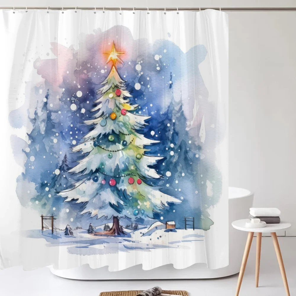 Christmas Shower Curtain Santa Claus Winter Christmas Tree Polyester Colorful Bath Curtain Home Bathroom Decor Curtain With Hook