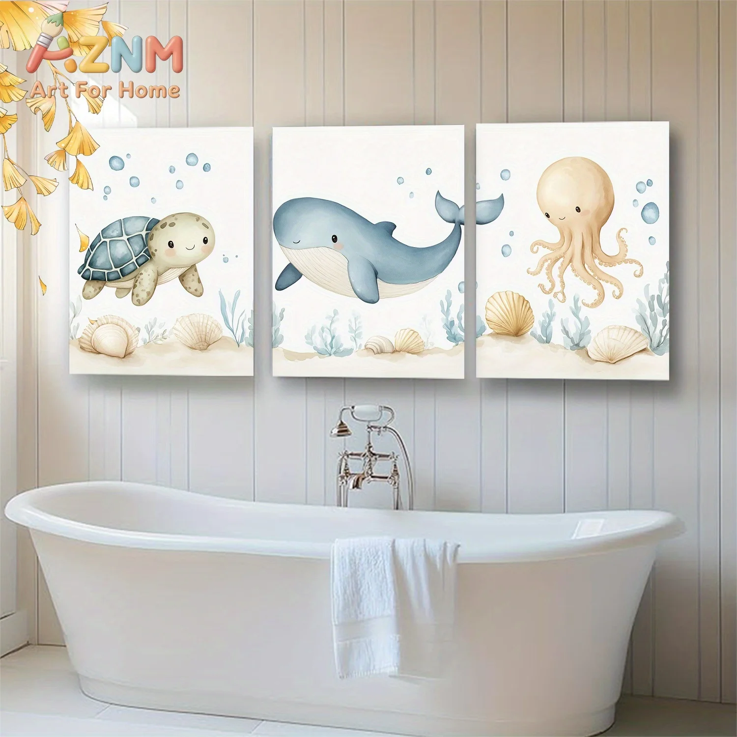 AZNM Cute Sea Animal Canvas Wall Art Whale Turtle Octopus Watercolor Style Frameless Canvas Painting Kids Room Bathroom Home Dec