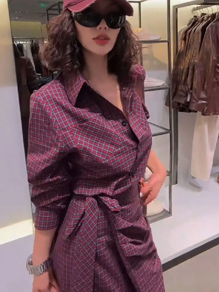 

Retro Red Plaid Shirt Dress For Women 2026 New Irregular Waist Cinching Lining Dress With Slit Long Skirt