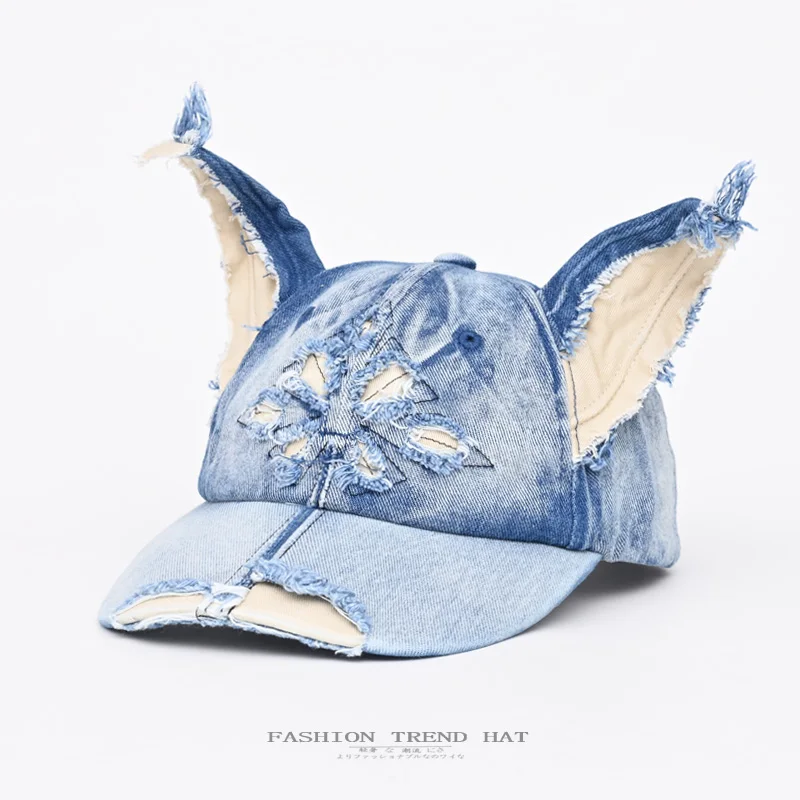 

Cool Doberman Dog Ears Ripped Denim Baseball Cap Y2K Summer Travel Fashion Versatile Street Trend Hip Hop Hats for Men and Women