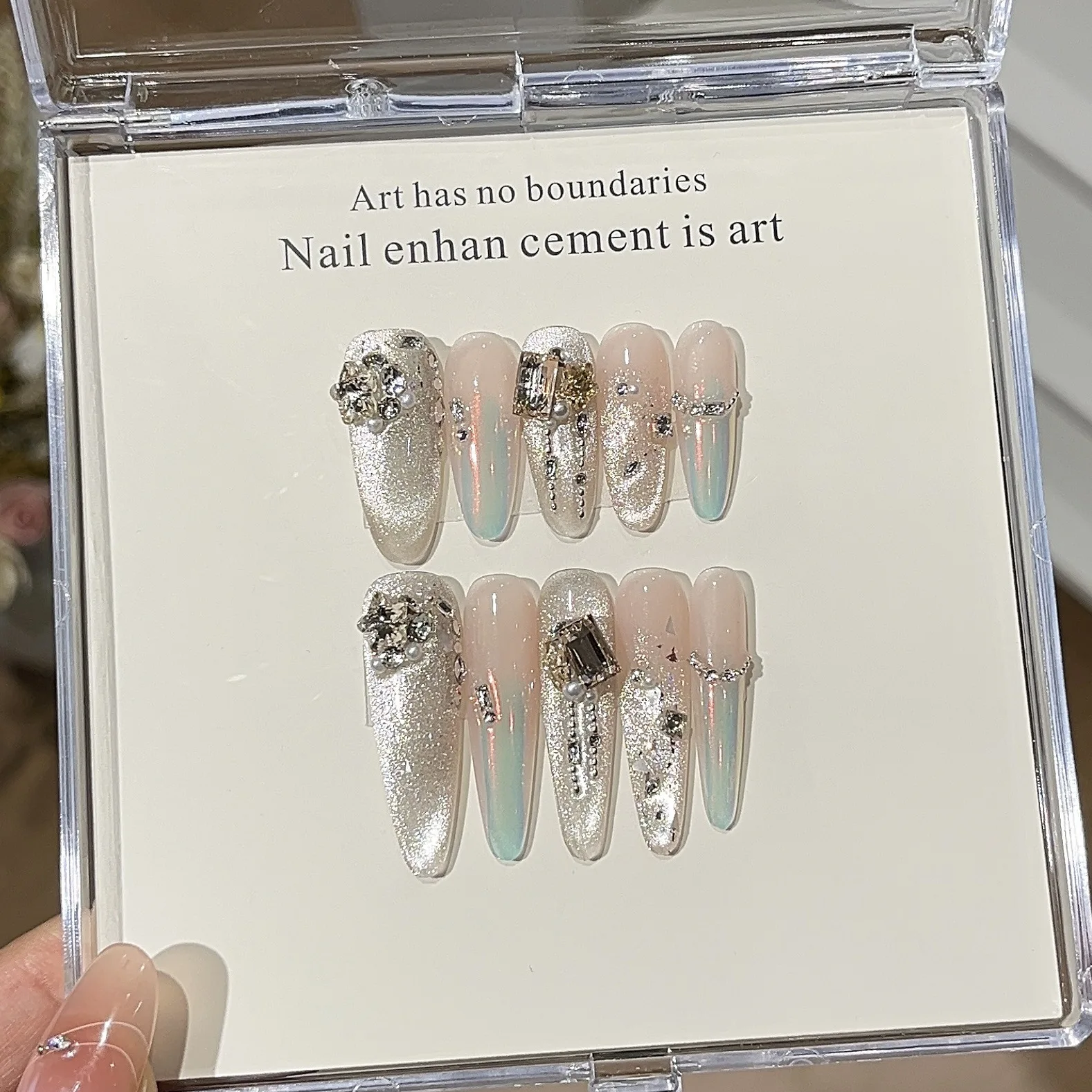 

10PCS Handmade Press on Nails Aurora Powder Sparkling Cat Eye Glitter Boutique Stacked Diamond Light Luxury Fake Nail