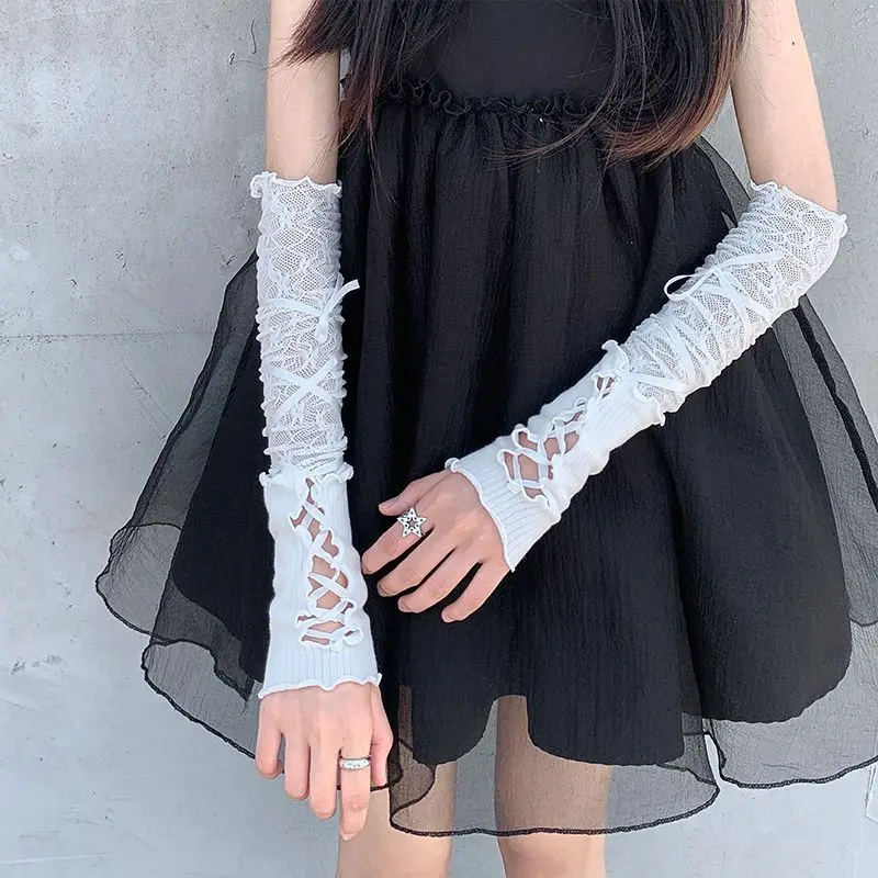 Kawaii medio dedo corbata puño Y2k temperamento gótico decoración de muñeca de moda Cosplay segunda generación señoras guantes de brazo largo