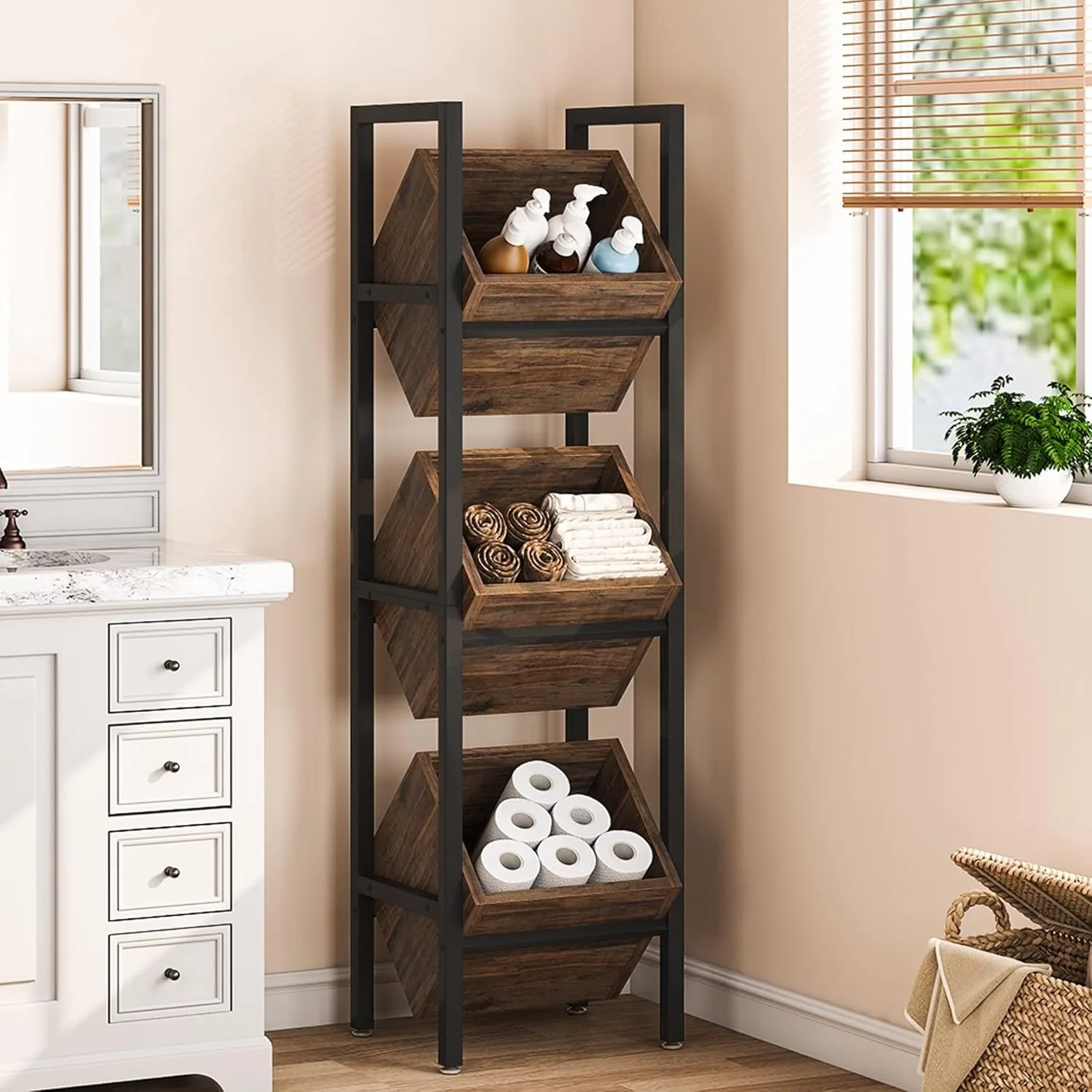 #LITTLE TREE 3-Tier Basket Stand, Rustic Wood Snack Fruit Storage Tower with Baskets, Vertical Organizer for Living Room