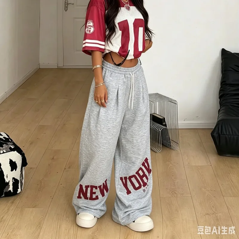2026 Summer Grey NEW YORK Print Wide Leg Sweatpants, Elastic Waist, Loose Fit Streetwear Trousers for Casual and Daily Wear