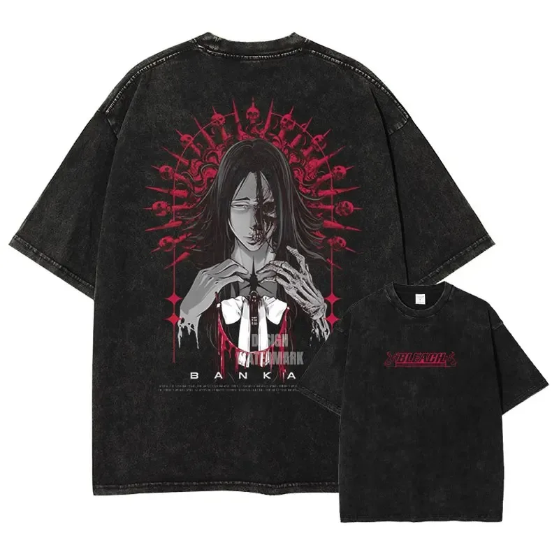 Japan Classic Hot-blooded Anime Bleach Aizen Sousuke Graphic Tee Men Women Oversized Washed Vintage T-Shirt Harajuku Cotton Tops