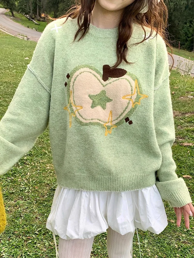 Wysokiej jakości haftowana koreańska bluza w kolorze słodkiego jabłkowego zielonego, z okrągłym dekoltem, luźna, gruba, ciepła na zimę, dzianina, styl lolita dla dziewcząt i studentek.