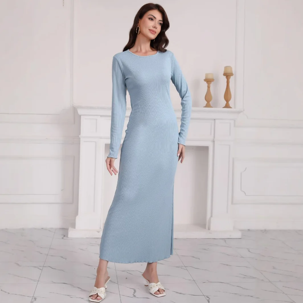 فساتين نسائية أوروبية أمريكية إسلامية بلون سادة أنيقة كاجوال عصرية بسيطة أساسية برقبة دائرية وأكمام طويلة بطول الكاحل #2