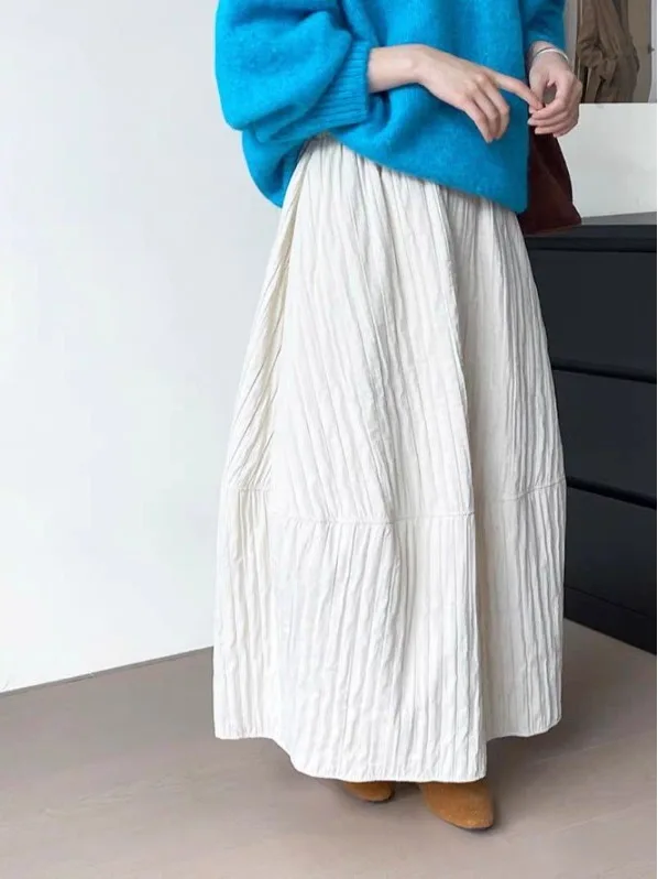 

Loose Texture Pure Color Korean Sle Artistic Vintage f Skirt Autumn Slimming Women's Casual Faion Midi Skirt