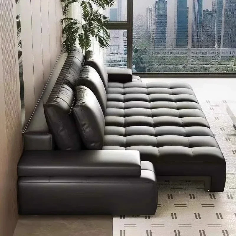 Lazy Convertible Sofa Bed Luxury Lawrence Genuine Leather Living Room Multifunctional Electric Sofa Straight Row Black Sleeper