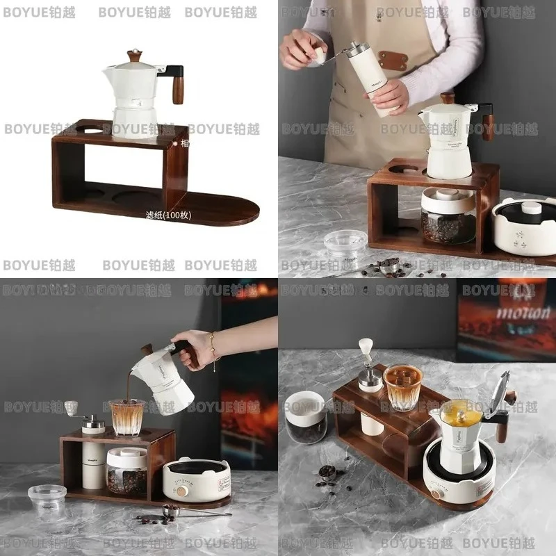 Italian Moka Pot Set Double Valve Stovetop Espresso Maker with Wooden Stand Three Piece Coffee Brewing Kit for Home Kitchen