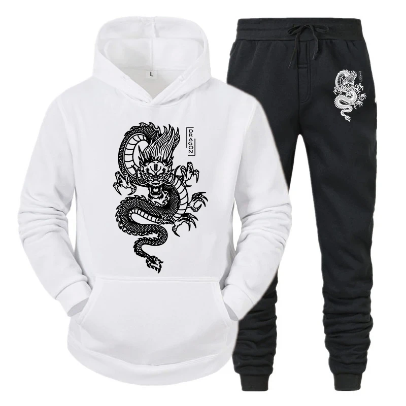 Men Tracksuit Set Hoodie Pant Spring Winter Dragon Print Casual Fleece Sweatshirt Sportwear Homme Streetwear Men Clothing