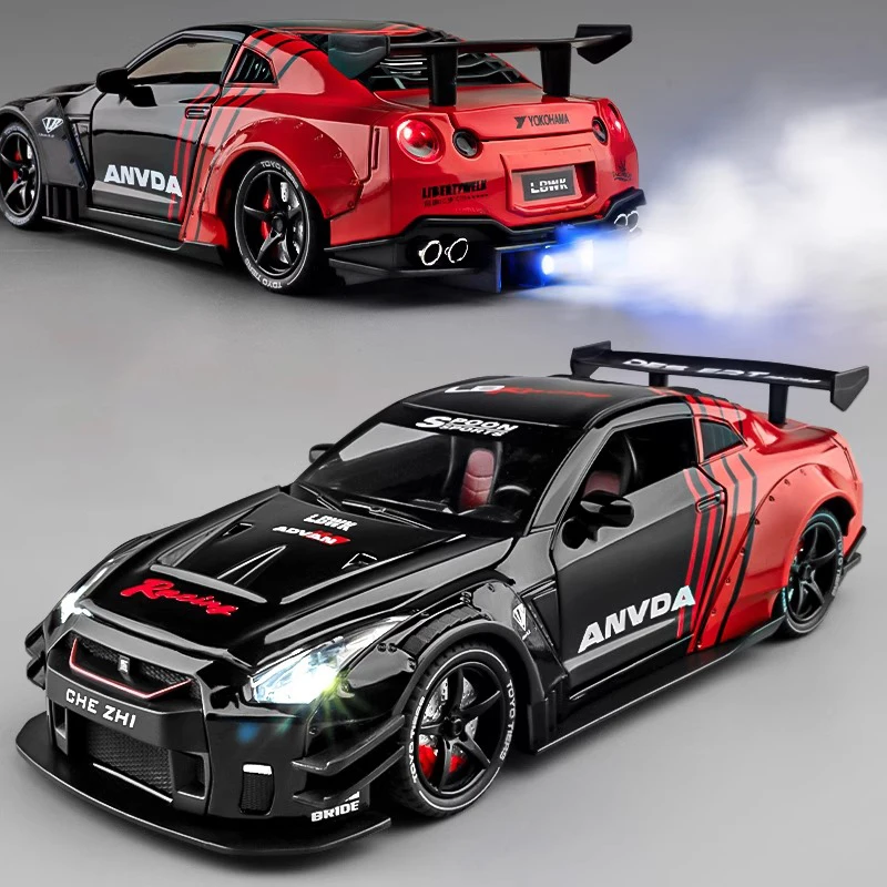 JDM 1:24 Nissan GTR R35 Skyline Ares Sports Car Spray Alloy Diecast Model Car Sound & Light Classic Collectibles Birthday Gifts