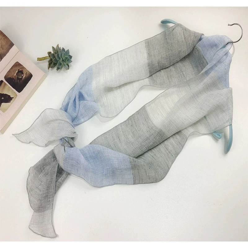 

100% Pure Linen Scarf New Arrival Spring & Summer Narrow Bias Cut Striped Thin Neck Scarf for Women 22x180cm