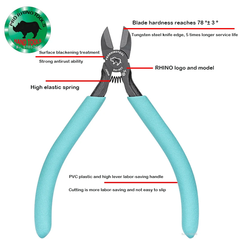 Japanese  RHINO RH-A07 Wire Pliers Save Effort, 5-inch Tungsten Inlaid Steel Diagonal Pliers, Optical Fiber Cutting Pliers