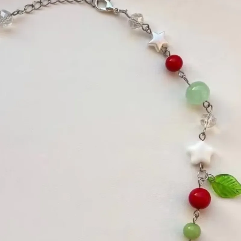 Handmade strawberry necklace, star, Green Leaf Strawberry Design | gift | Fashion Fairy Core