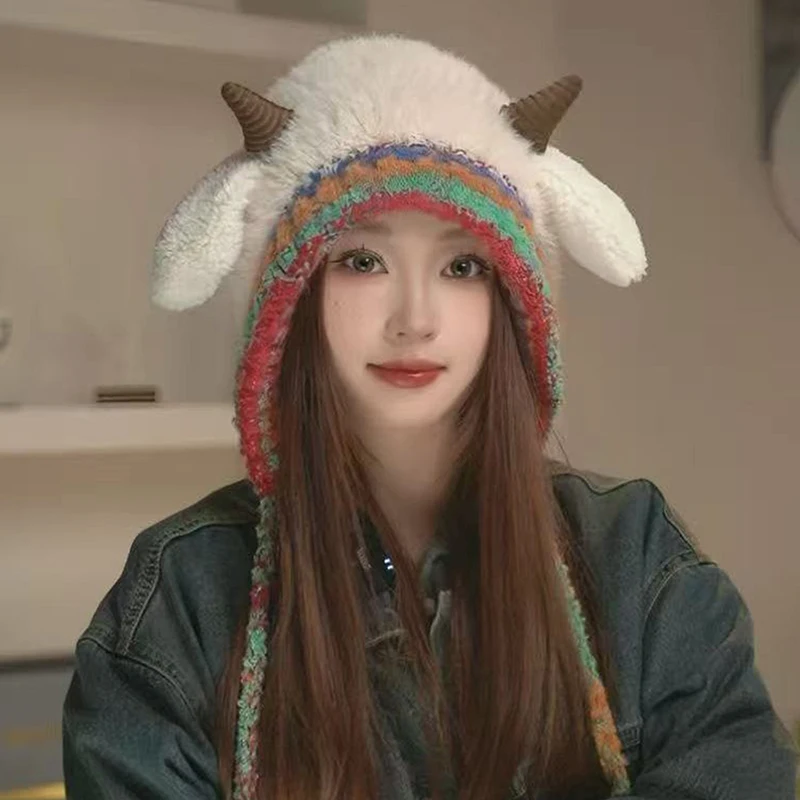 Cute Thick Plush Knitted Hat Warm Ear Protection Beanies Hat Pullover Hats