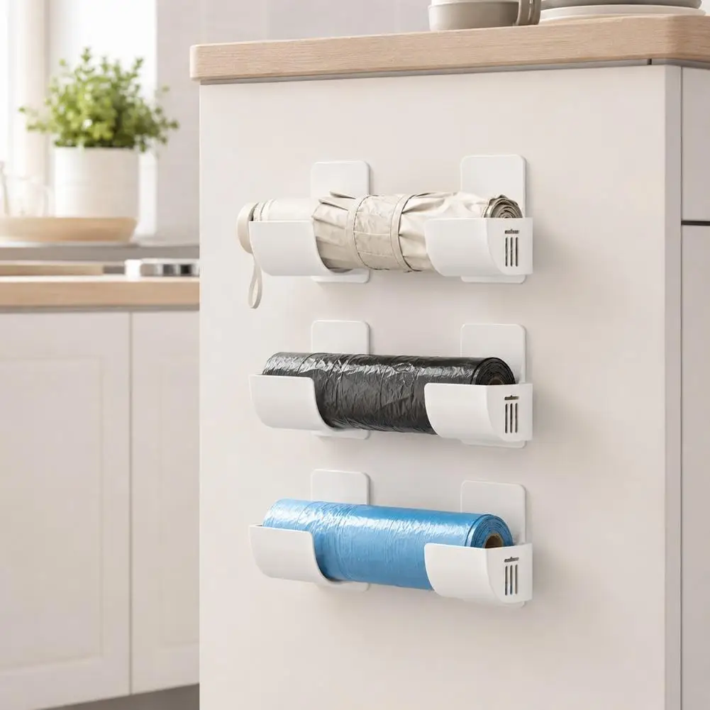 3pcs No-Drill Wall Mount Garbage Bag Holder Kitchen Cling Wrap  Storage Rack Multi-Function ﻿