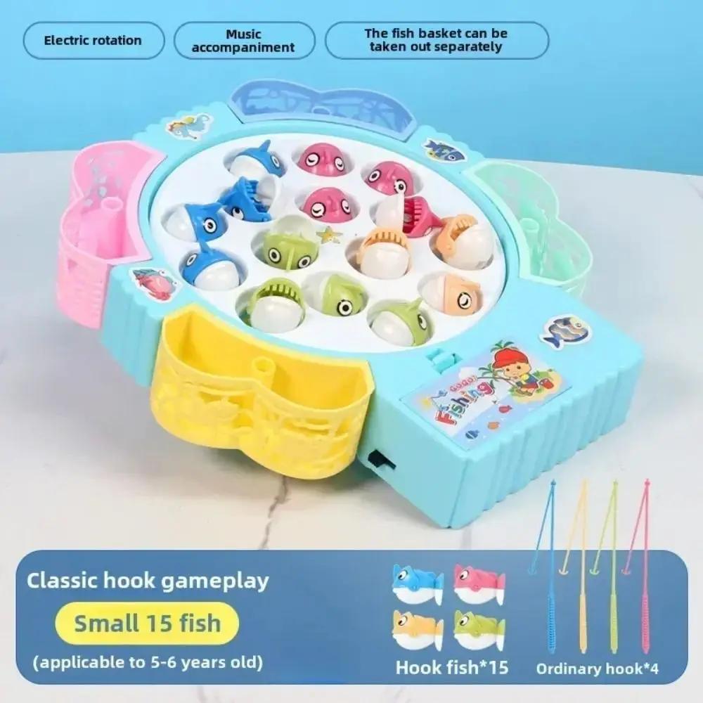 Interesting Plastic Fishing Toys 15 Fishes 4 Rods Magnetic Electric Spin with Music Blue Pink Fishing Disc Toys Gift