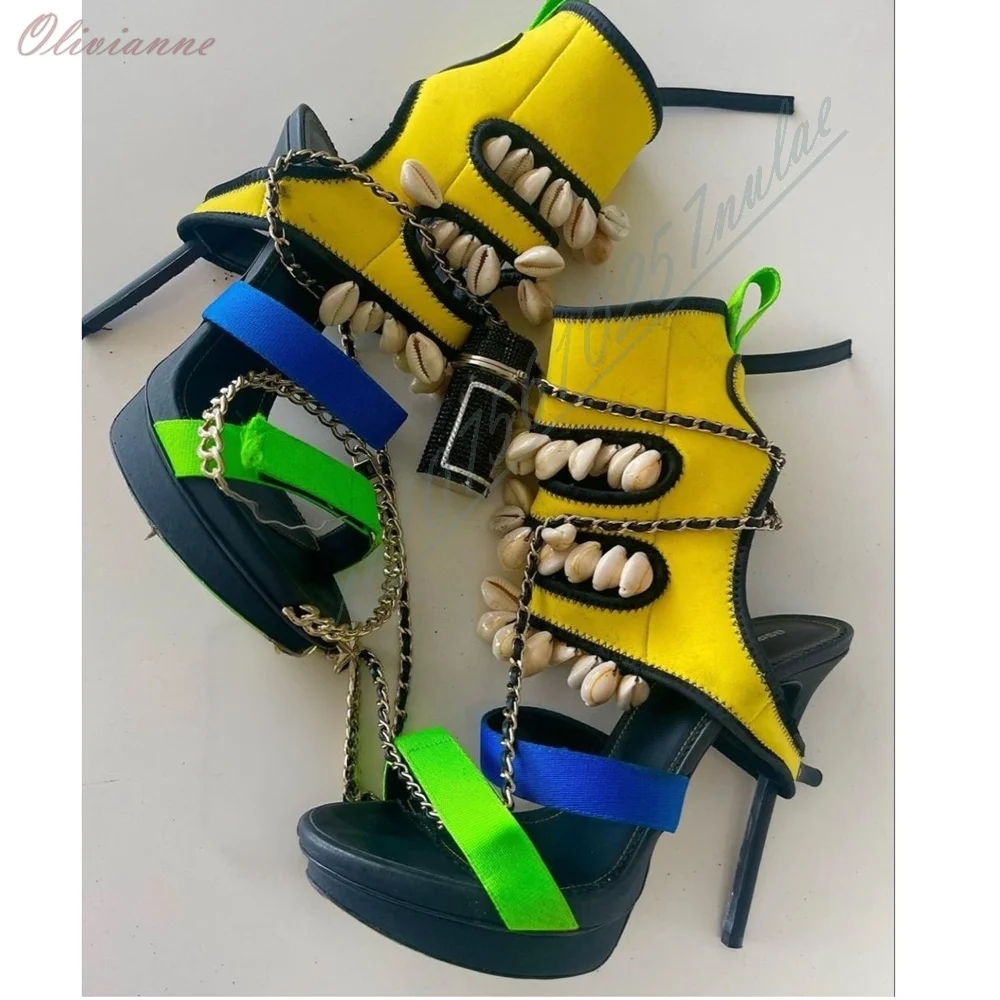 Streetwear Contrast Color High Cuff Heeled Sandals Ladies Open Toe Multi Strap Shell Decor Runway Platform Stiletto High Heels