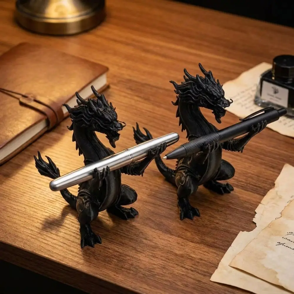 3D Printed Dragon Shaped Pen Holder Vintage Style Oriental Myth Dragon Pen Stand Statue Cartoon Plastic