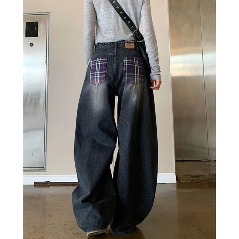 American Plaid Patchwork Jeans Women Vintage Streetwear Lace Up Autumn Wide Leg Jeans Retro High Waist Loose All Match Pants New
