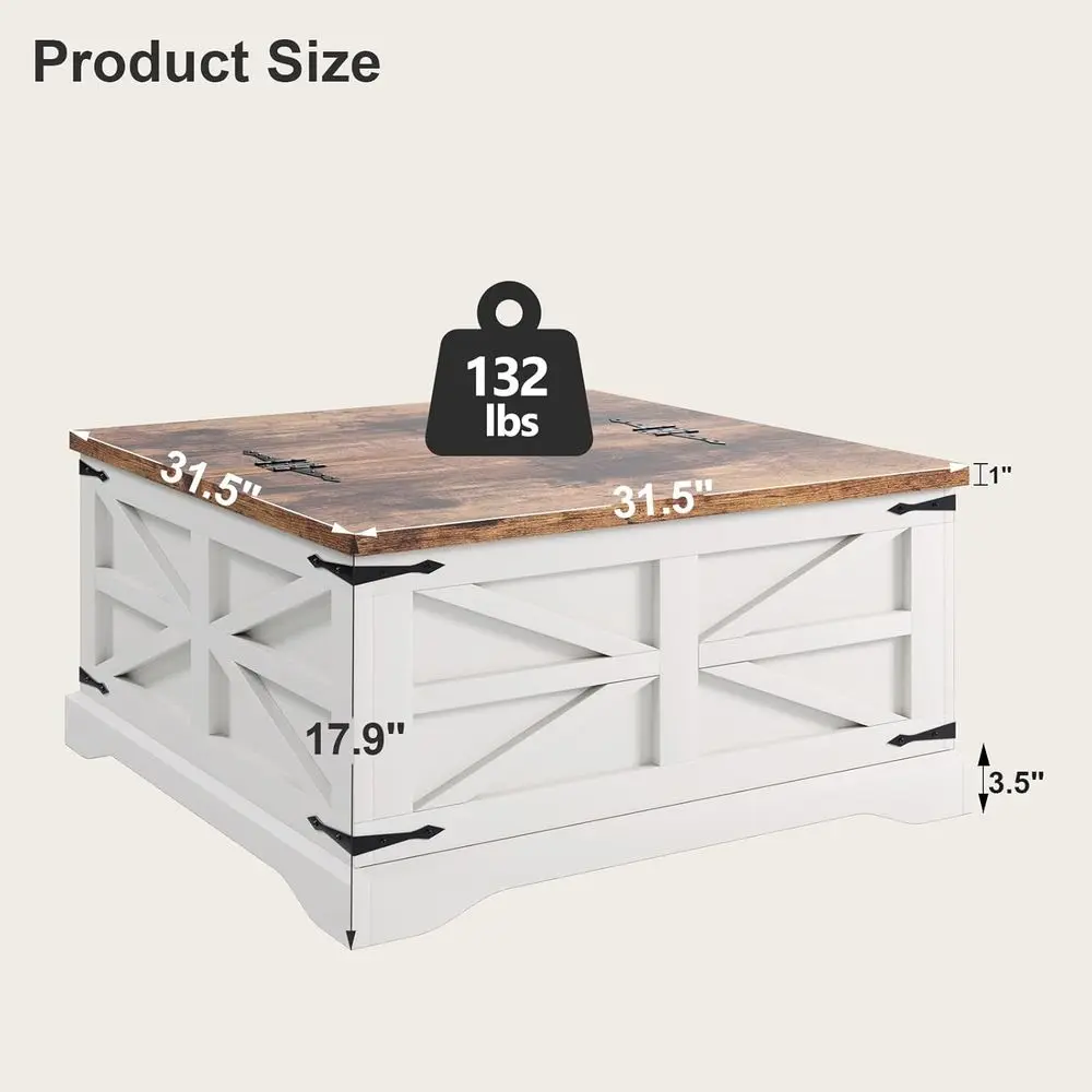 Coffee Table with Storage, Square Coffee Tables for Living Room, Rustic Wood Center Table with Hinged Lighting Tabletop, White