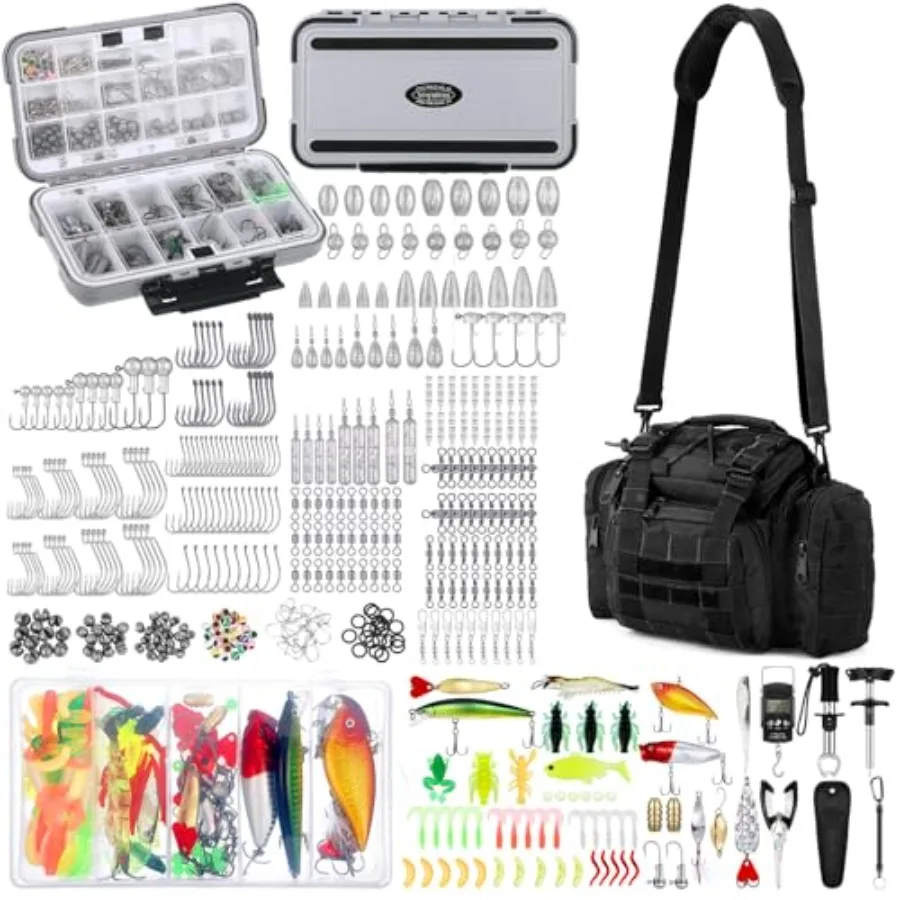 

482 Pcs Fishing Gear Set for Men Christmas Gifts Lightweight Black Tackle Backpack with Tackle Box Hook Remover and Lip Gripper