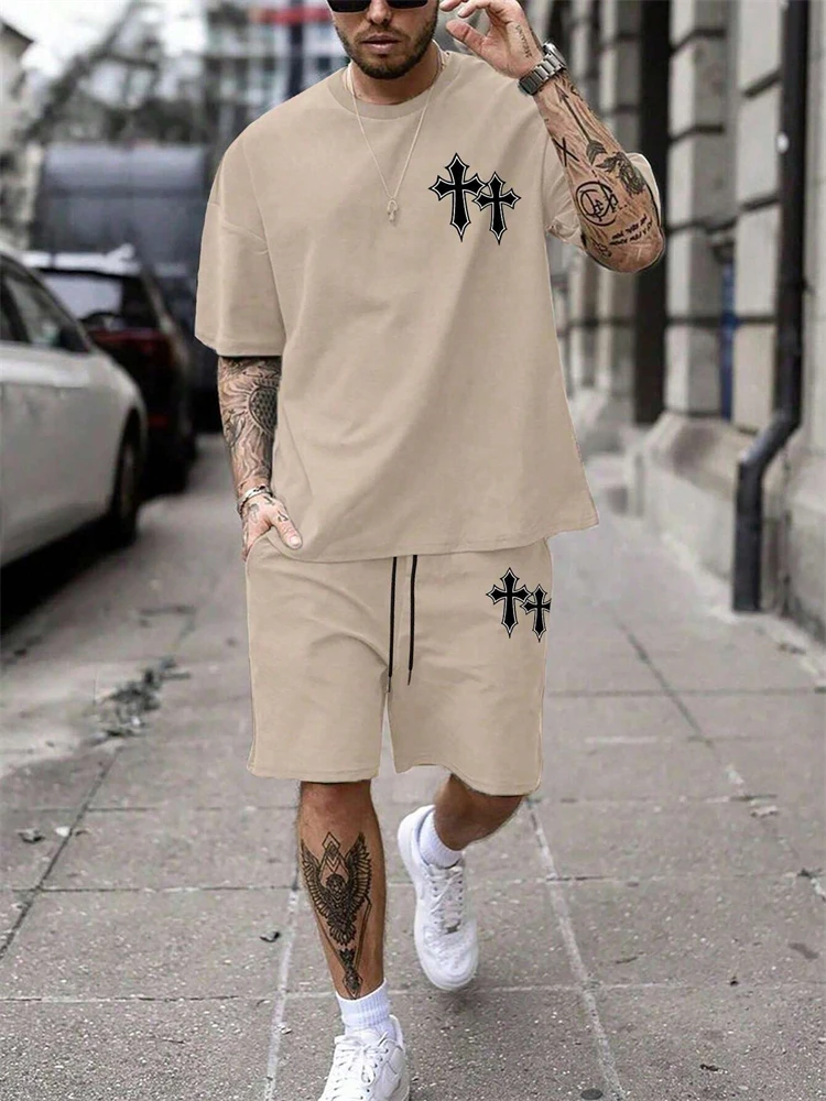 

Two-piece Street Party Fashion Men's Summer Cross-printed Short-sleeved T-shirt Set, Casual Round-neck Set