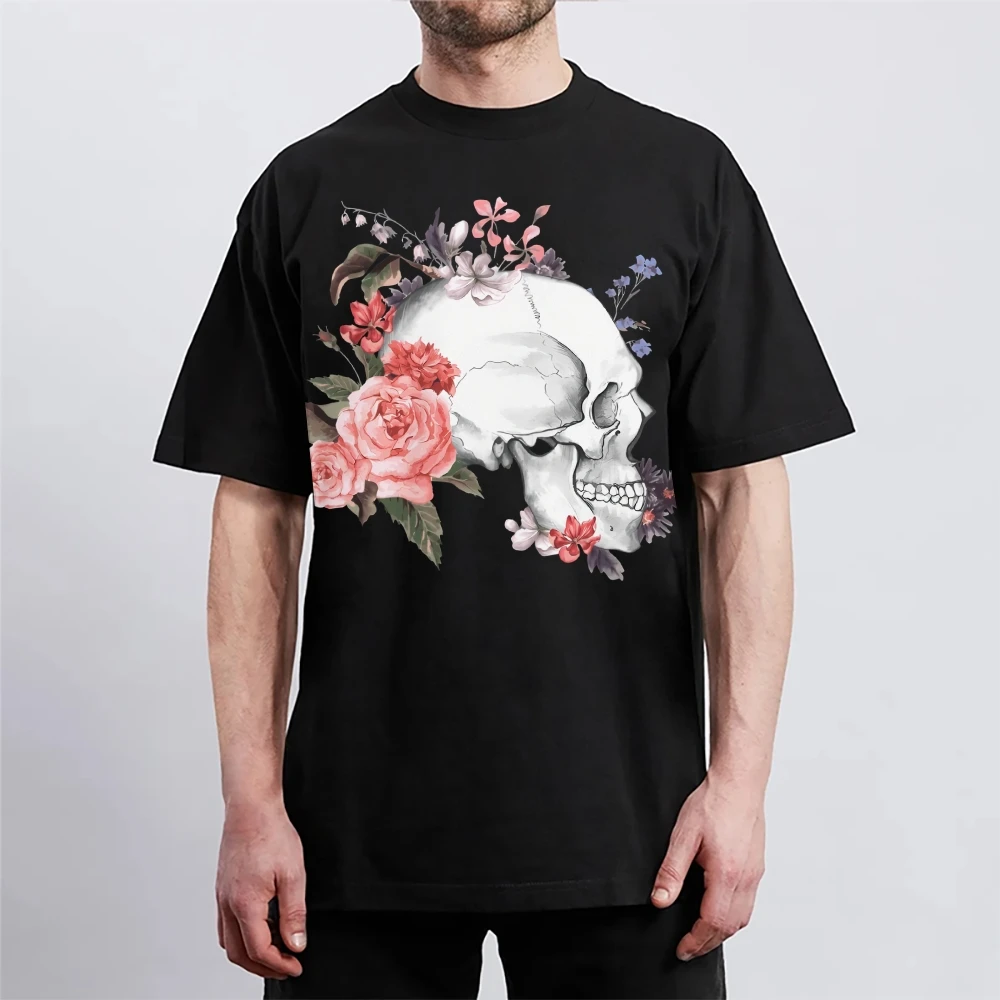 

Skull And Flower Summer Print T-shirt Cotton Graphic Tees Y2k Street Wear Men Clothing New Cartoon Short Sleeve