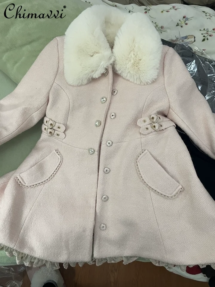 اليابانية الحلو القوس ضئيلة متوسطة طويلة معطف الصوف شتاء جديد فو الفراء طوق لوليتا فتاة المرأة الوردي الأبيض الصوف سترة معطف