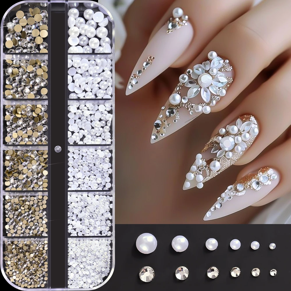 12Grids 3D Flatback Pearls+Rhinestones Nail Charms Mixed-Sizes Semicircular White Pearl&Glass Diamond DIY Nail Jewery Decoration